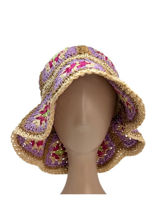 Vintage‎ Crochet Straw Bucket Hat Granny Square Pastel Boho 1990s main image 8